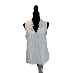 NWT Blue B Top Sleeveless Button Down Sage Green Striped Collared Split Back